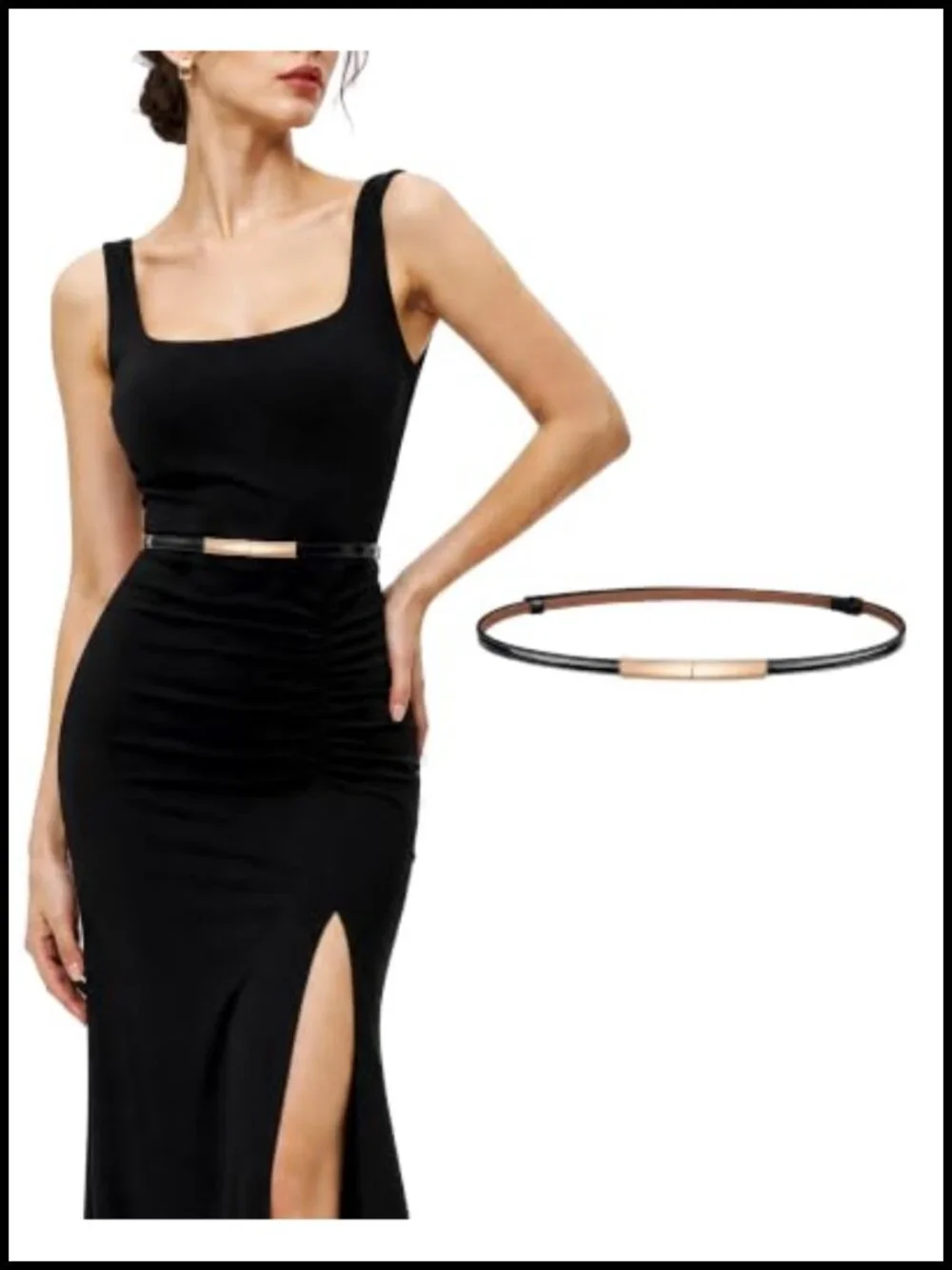 Women's Skinny Leather Patent Belt with Gold Square Interlocking Buckle |